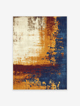 Abstract art print with distressed textures in cream, golden-yellow, deep blue, and burgundy