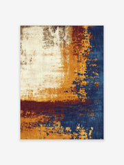 Abstract art print with distressed textures in cream, golden-yellow, deep blue, and burgundy