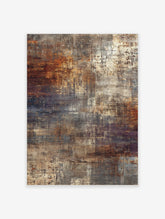 Abstract wall art print with distressed textures in rust orange, brown, grey, and cream colours, vertical orientation