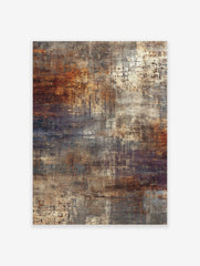 Abstract wall art print with distressed textures in rust orange, brown, grey, and cream colours, vertical orientation
