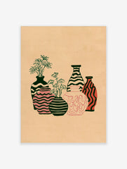 Abstract illustrative wall art print of five patterned vases with botanical flowers on a tan background