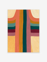 Abstract wall art print with vertical bands of coral, ochre, teal, and purple colours and arched shapes