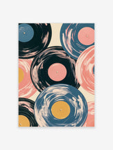 Abstract art print featuring painted vinyl records in blue, pink, and yellow on a neutral background