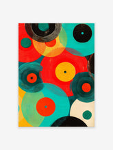 Abstract vinyl record poster with colorful overlapping circles in red, teal, orange, and black, resembling retro music art.