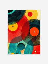Abstract vinyl record poster with overlapping circles in red, yellow, teal, and black, featuring a textured, graphic style.