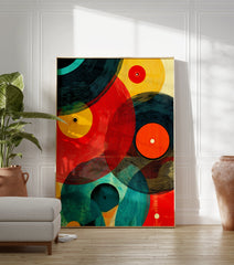 Abstract vinyl record poster with overlapping circles in red, yellow, teal, and black, featuring a textured, graphic style. - Image 3