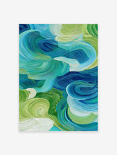 Abstract wall art with swirling blue, green, and white textured brushstrokes, evoking water and nature.