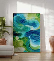 Abstract wall art with swirling blue, green, and white textured brushstrokes, evoking water and nature. - Image 3