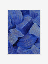 Abstract wall art featuring deep blue textured wavy lines creating a dynamic and fluid pattern on a white background.