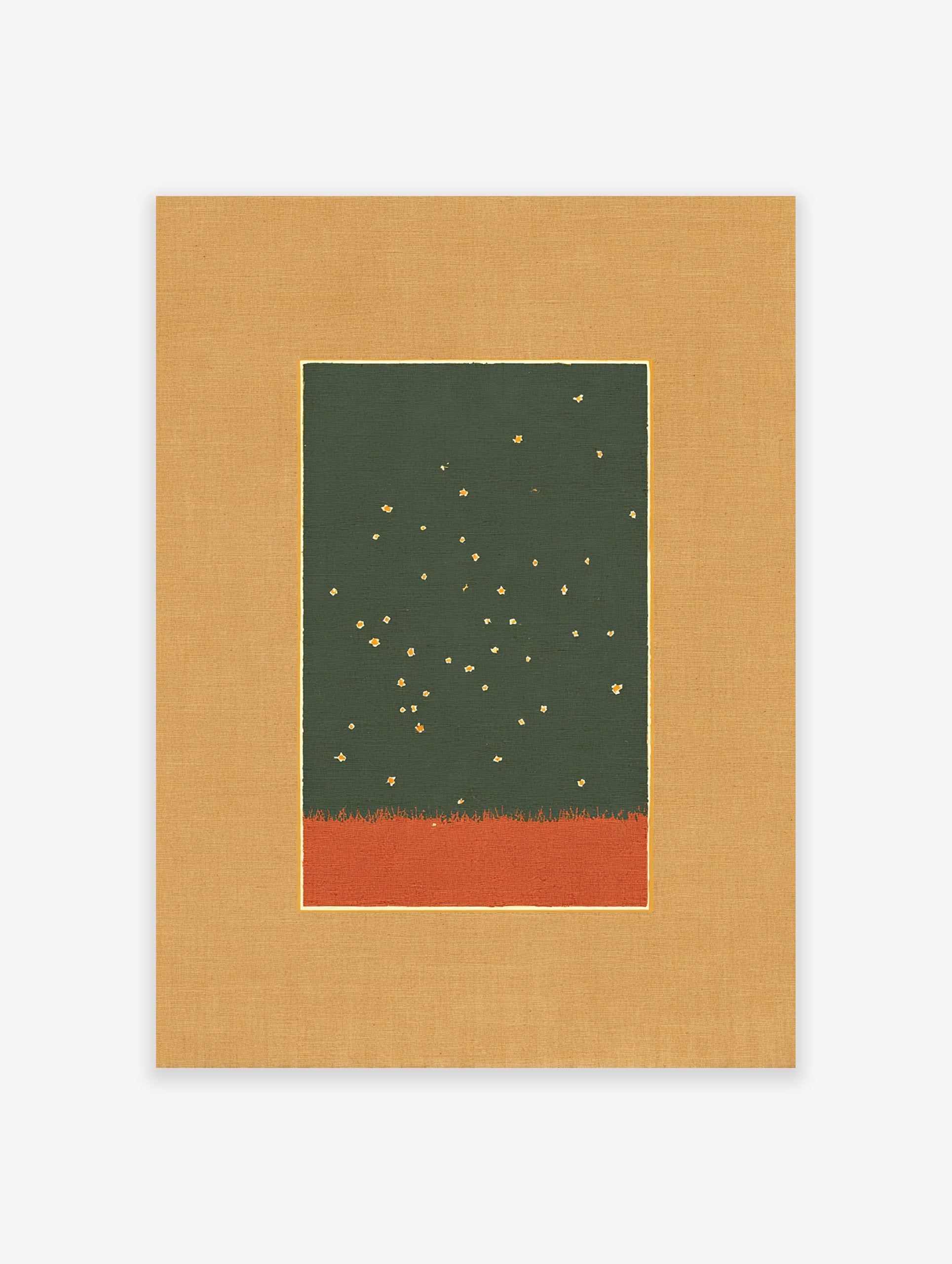 Abstract wall art print with dark green top, gold specks, and burnt orange bottom, matted in tan with a gold line.