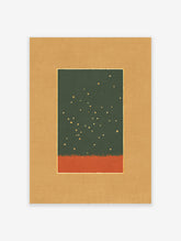 Abstract wall art print with dark green top, gold specks, and burnt orange bottom, matted in tan with a gold line.