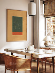 Abstract wall art print with dark green top, gold specks, and burnt orange bottom, matted in tan with a gold line. - Image 2