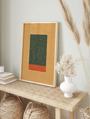 Abstract wall art print with dark green top, gold specks, and burnt orange bottom, matted in tan with a gold line. - Image 3