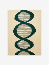 Abstract wall art print with vertical repeating dark green organic shapes and horizontal black lines on a light beige background.