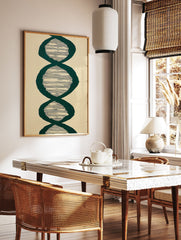 Abstract wall art print with vertical repeating dark green organic shapes and horizontal black lines on a light beige background. - Image 2