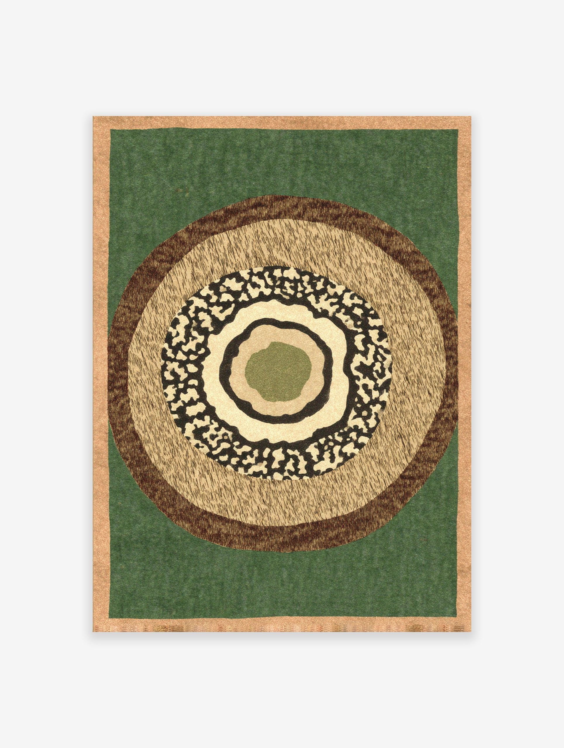 Abstract wall art print with concentric circles in earthy green, brown, and tan textures, framed by a light brown border.
