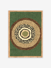 Abstract wall art print with concentric circles in earthy green, brown, and tan textures, framed by a light brown border.