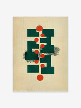 Abstract wall art with green geometric shapes, orange circles, and black organic lines on a textured beige background.