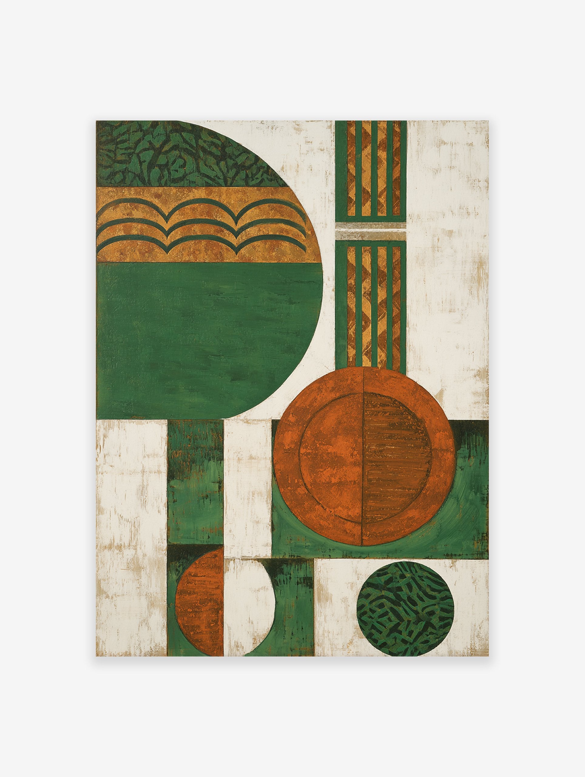 Abstract wall art featuring geometric shapes in green, orange, and white with textured patterns, providing modern decor.