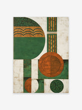 Abstract wall art featuring geometric shapes in green, orange, and white with textured patterns, providing modern decor.