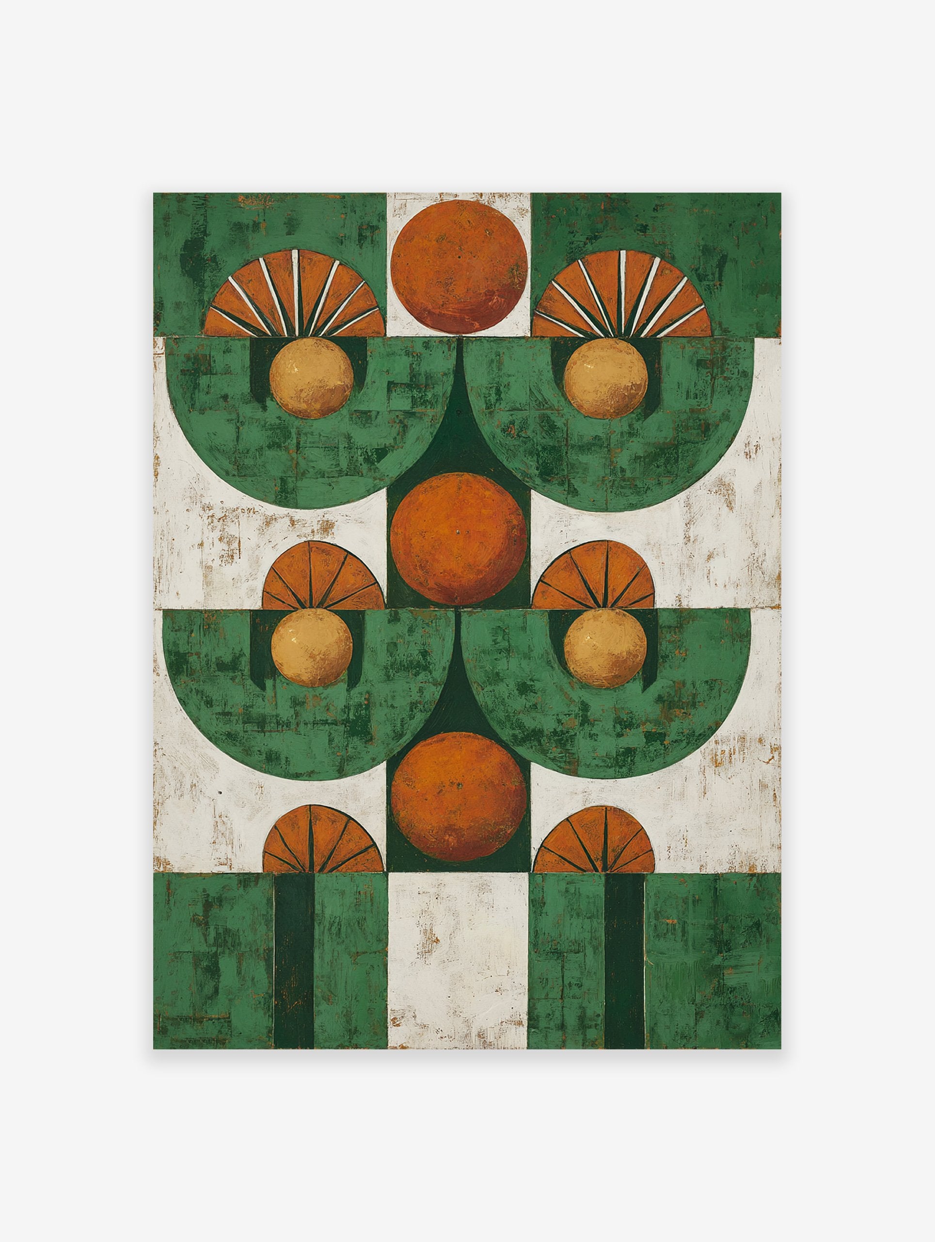 Abstract geometric wall art print with a repeating pattern of green semicircles and orange circles on a white background.