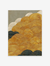 Abstract wall art painting with gold, white, and dark blue textured wave patterns on a grey background