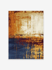Abstract wall art with golden orange, deep blue, and cream distressed textures in a vertical composition