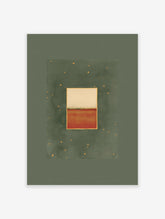Abstract wall art print with a green background, a central rectangle divided into beige and burnt orange, framed in gold.