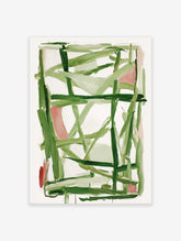 Abstract wall art painting with dynamic green and pink brushstrokes on a white background