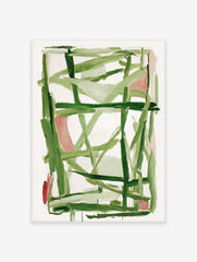 Abstract wall art painting with dynamic green and pink brushstrokes on a white background