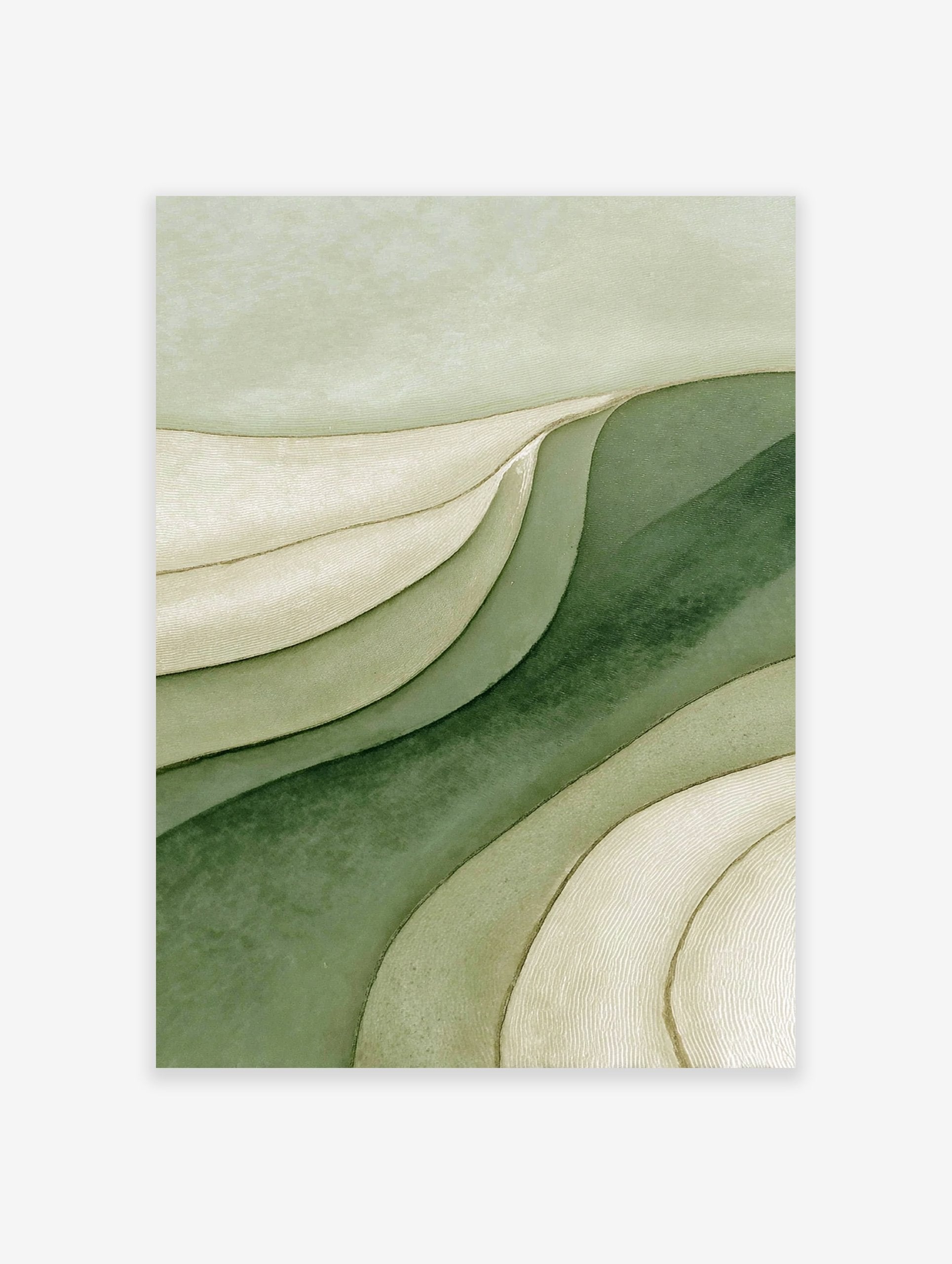 Abstract green layered texture wall art print with wavy shapes in shades of green and beige.