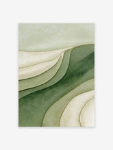 Abstract green layered texture wall art print with wavy shapes in shades of green and beige.
