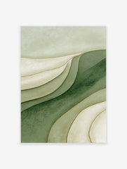 Abstract green layered texture wall art print with wavy shapes in shades of green and beige.