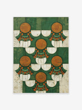 Abstract wall art print with green, orange, and white geometric pattern featuring circles and fan shapes.