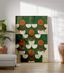 Abstract wall art print with green, orange, and white geometric pattern featuring circles and fan shapes. - Image 3