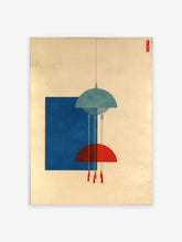 Abstract wall art featuring blue and red geometric shapes, a hanging lamp-like form with tassels, and a blue rectangle.