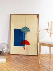 Abstract wall art featuring blue and red geometric shapes, a hanging lamp-like form with tassels, and a blue rectangle. - Image 2