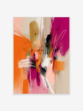 Abstract wall art print with dynamic orange, fuchsia, black, and white brushstrokes and sweeping lines