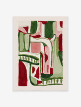 Abstract wall art painting with green, red, pink, and white organic shapes.