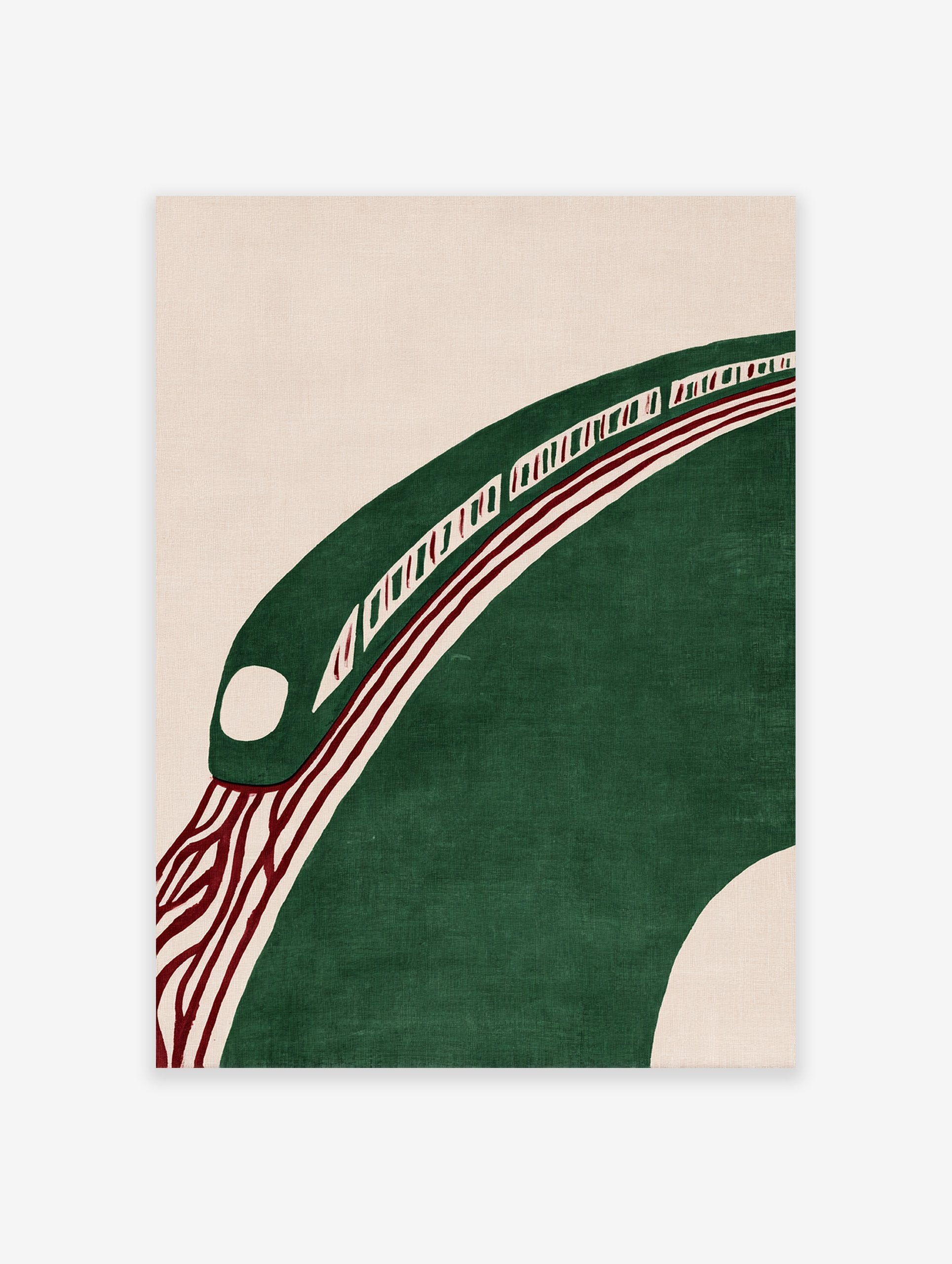 Modern abstract wall art featuring a green stylized train on a curved track with red lines on a beige background