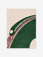 Modern abstract wall art featuring a green stylized train on a curved track with red lines on a beige background
