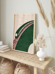 Modern abstract wall art featuring a green stylized train on a curved track with red lines on a beige background - Image 3