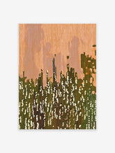 Abstract wall art with vertical orange and green lines, suggesting a modern cityscape or landscape with white dappled light.