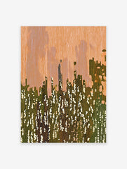Abstract wall art with vertical orange and green lines, suggesting a modern cityscape or landscape with white dappled light.