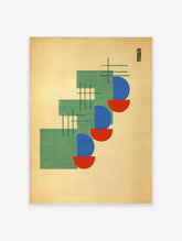 Abstract geometric wall art print with green rectangles, blue and red semi-circles, and intersecting lines on a light background.