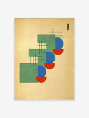 Abstract geometric wall art print with green rectangles, blue and red semi-circles, and intersecting lines on a light background.