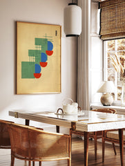 Abstract geometric wall art print with green rectangles, blue and red semi-circles, and intersecting lines on a light background. - Image 2