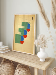 Abstract geometric wall art print with green rectangles, blue and red semi-circles, and intersecting lines on a light background. - Image 3