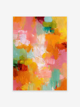 Vibrant multi-color abstract wall art with thick brushstrokes in orange, pink, yellow, and teal on a white background.