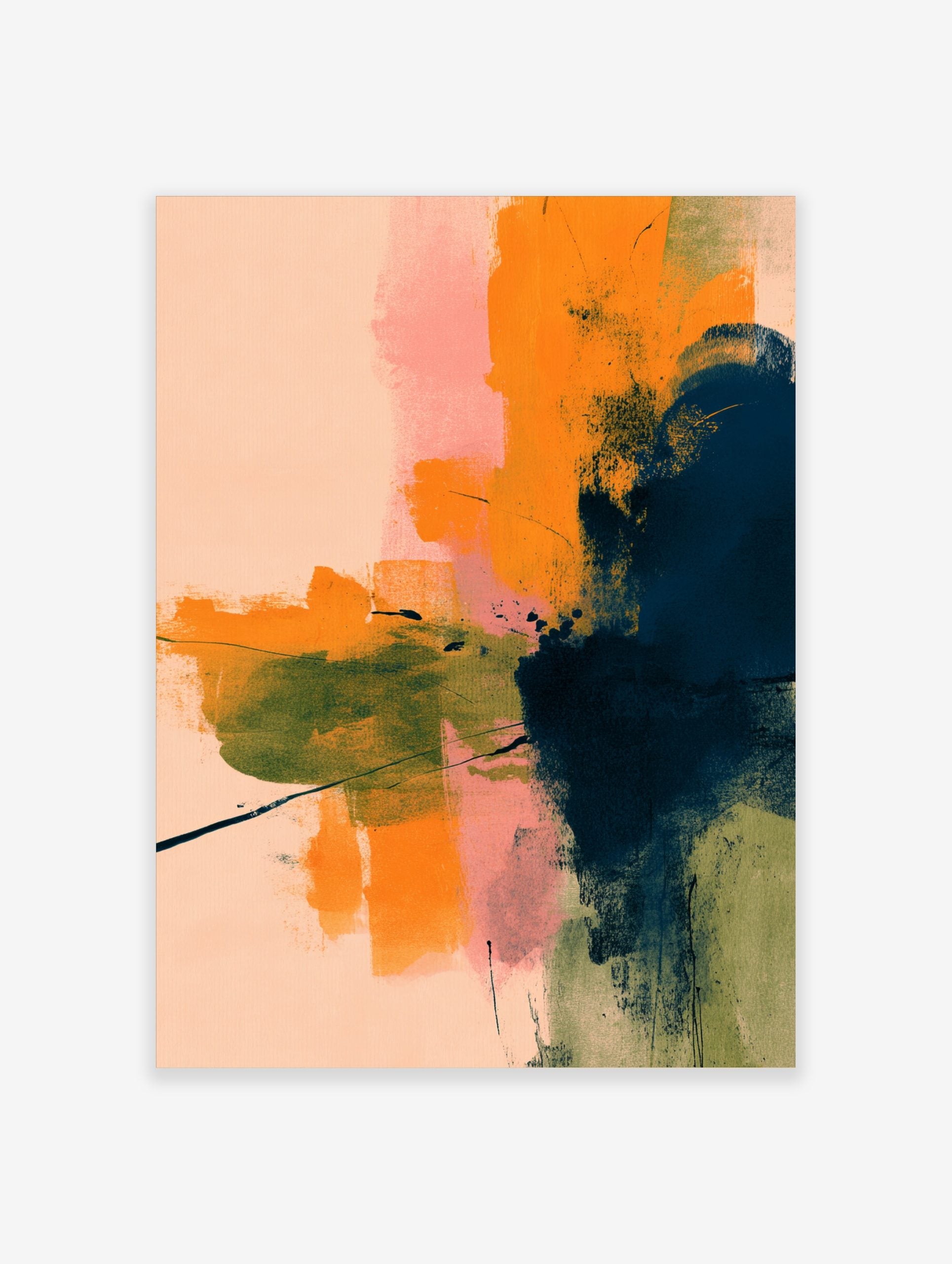 Abstract wall art with layered brushstrokes in orange, navy, olive green, and pink on a pale peach background